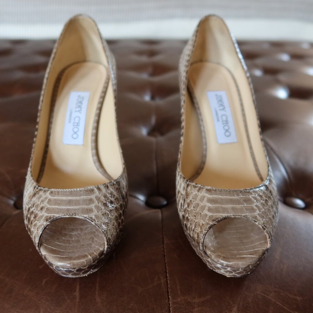 $895 Jimmy Choo peep toe platform snakeskin pumps in grey/green 36 1/2 ITALY